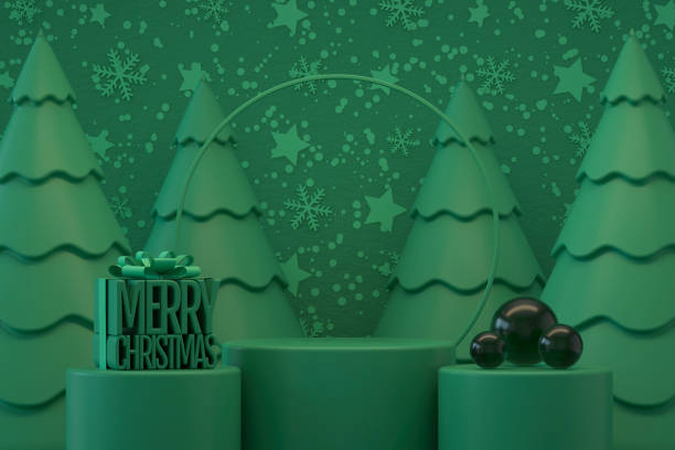 istock Empty product podium, platform, stand, exhibition with Christmas tree, new year concept, green background 1427845909