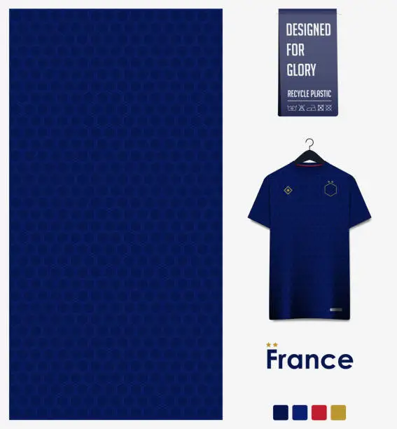 Vector illustration of Soccer jersey pattern design. France flag  pattern on blue background for soccer kit, football kit, sports uniform. T shirt mockup template. Fabric pattern. Abstract background.