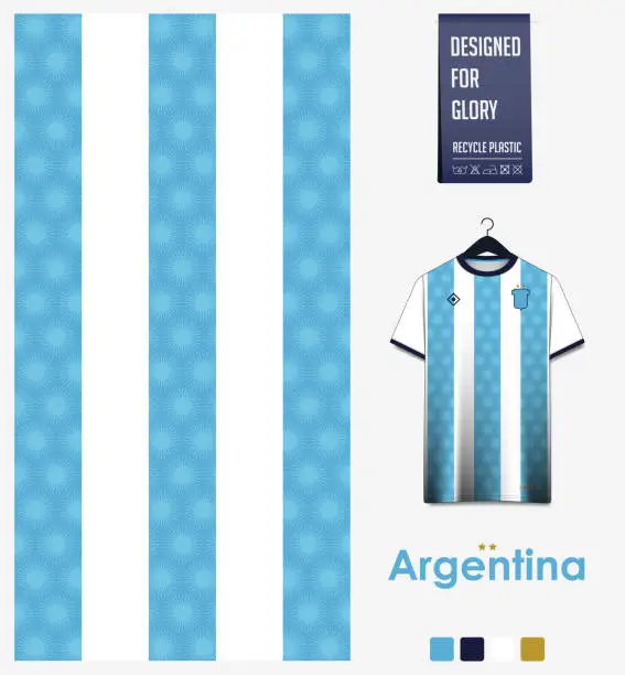 Vector illustration of Soccer jersey pattern design. Argentina flag  pattern on blue background for soccer kit, football kit, sports uniform. T shirt mockup template. Fabric pattern. Abstract background.