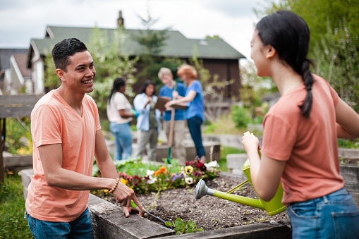Hispanic young man smiles and helps to plant flowers with other multiracial volunteers in community garden in neighborhood environment