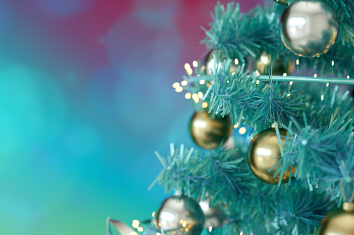 3d rendering of Christmas tree with bokehs new year background.