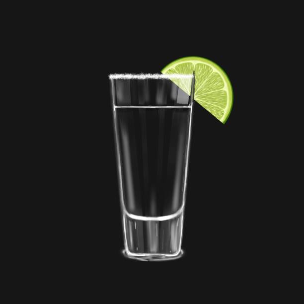 어두운 배경에 라임 슬라이스와 소금 분리 된 음료 잔을 곁들인 데킬라 샷 글래스, 검은 색의 멕시코 칵테일의 사실적인 그림. - tequila shot stock illustrations