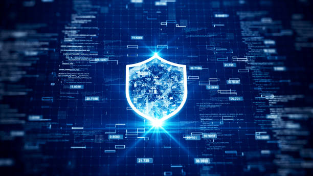 istock Cybersecurity data protection technology concept internet connection online network. The icons and polygons are connected inside a prominent shield in the center. binary code on dark blue background. 1427850155