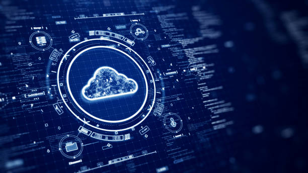 Cloud and edge computing technology concepts with cybersecurity data protection. Icons and polygons are connected inside the prominent cloud on the left HUD circle. binary code on dark blue background stock photo