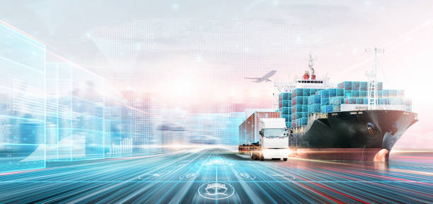 istock Smart Logistics Digital Marketing Technology Concept, Double Exposure Polygon Wireframe of Container Cargo Freight Ship, Plane, Truck, Growth Graph, Modern Future Import Export Transport Background 1427863614