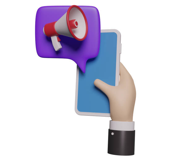 istock Digital marketing, social media, network, concept. Speaker with smartphone model symbol on white background. 3d illustration 1427863849