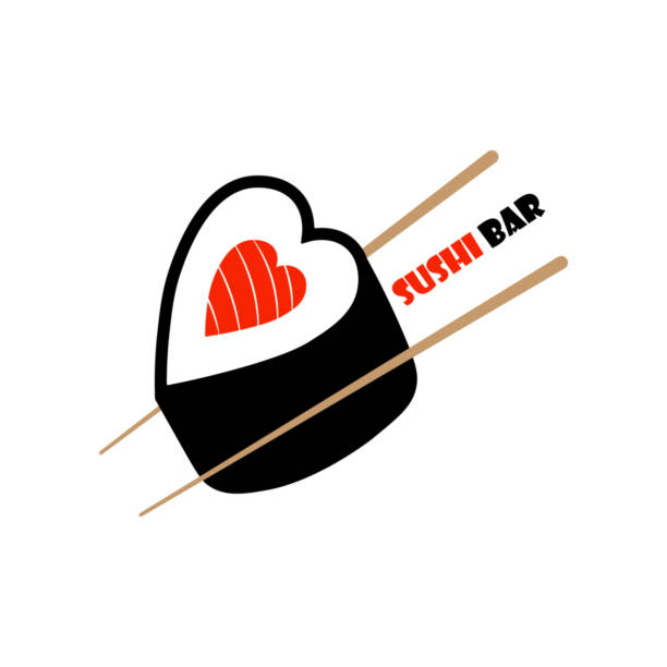 sushi-bar-logo, essstäbchen mit herzförmiger sushi-rolle, isoliert, vektorillustration. - chopsticks nobody red white background stock-grafiken, -clipart, -cartoons und -symbole