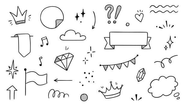 Line frame, sparkle, ribbon hand drawn doodle element set. Party, decoration star, heart element doodle sketch collection. Isolated Line frame, sparkle, ribbon hand drawn doodle element set. Party, decoration star, heart element doodle sketch collection. Isolated vector illustration. vignette stock illustrations