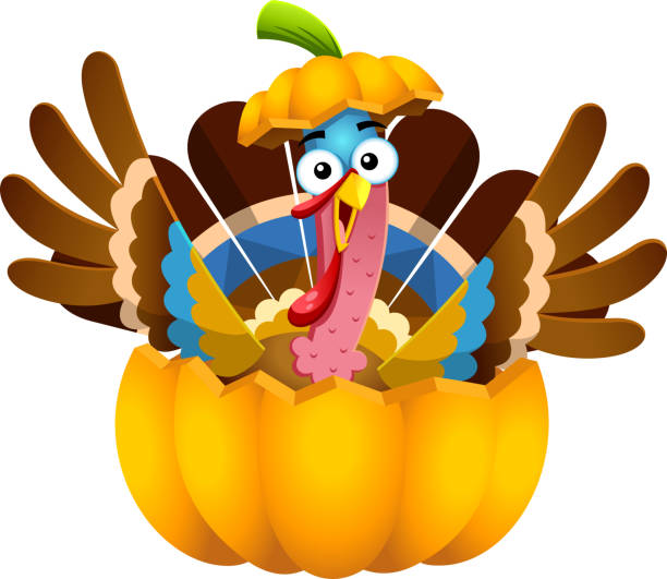istock Happy Turkey Cartoon Characters In Pumpkin 1427877146