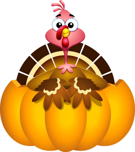 istock Happy Turkey Baby Cartoon Character In Pumpkin 1427878580