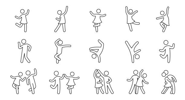 ilustraciones, imágenes clip art, dibujos animados e iconos de stock de bailarina de línea, icono de pareja de bailarinas. latin, tango, salsa girl, boy pose perfil icono. conjunto de hombre de pictograma de trazo editable. aislado - pasos de baile faciles