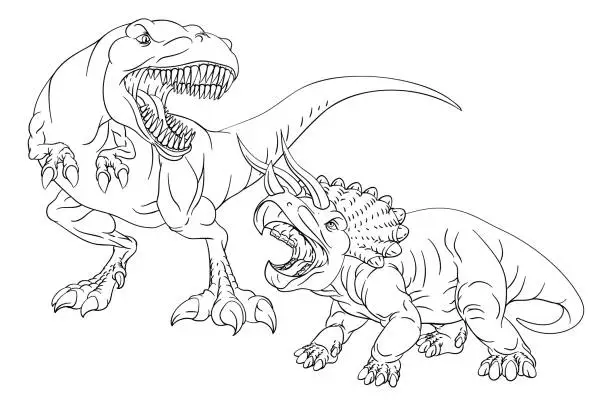 Vector illustration of Coloring Book Page Dinosaurs In Outline