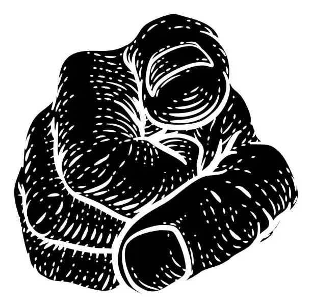 Vector illustration of Hand Pointing Finger At You Vintage Woodcut Style