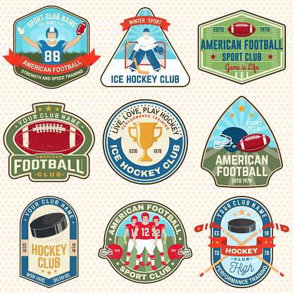 Ice Hockey And American Football Or Rugby Club Logo Badge Embroidered Patch  Sport Sticker Pack With American Football Sportsman Ice Hockey Player Ball  Sticker Puck And Skates Silhouette Vector Stock Illustration 