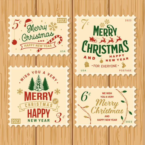 Set of Merry Christmas and 2023 Happy New Year retro postage stamp with snowflakes, snowman, santa claus, candy, sweet candy. Vector. Vintage typography design for xmas, new year emblem. vector art illustration