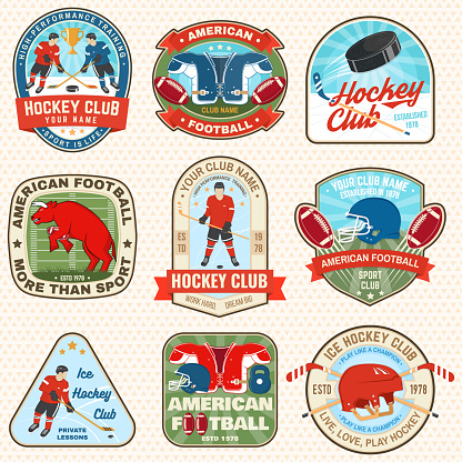 Ice Hockey and american football or rugby club logo, badge embroidered patch. Sport sticker pack with american football sportsman, ice hockey player, ball, sticker, puck and skates silhouette. Vector