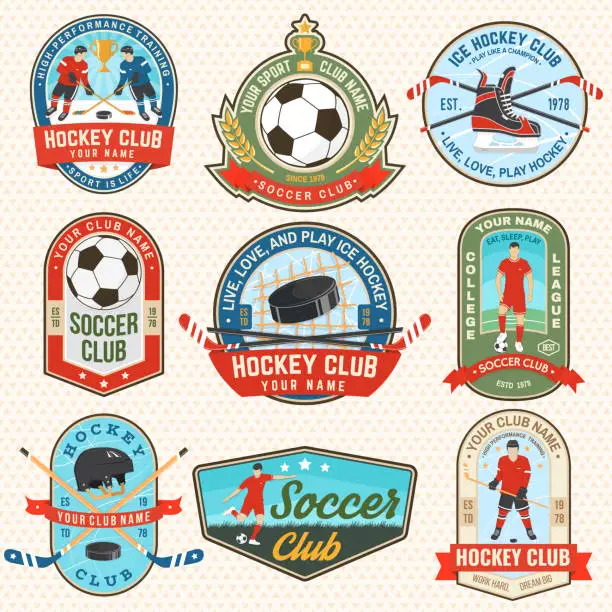 Vector illustration of Ice Hockey club and soccer club logo, badge embroidered patch. Sport sticker pack with player, ball, sticker, puck and skates silhouette. Vector.