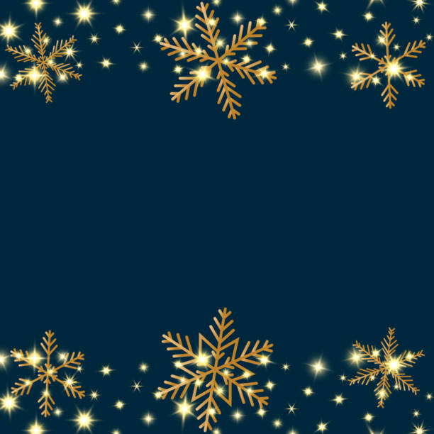 istock Golden snowflakes and stars, festive winter elements on dark blue background, vector illustration. 1427905722