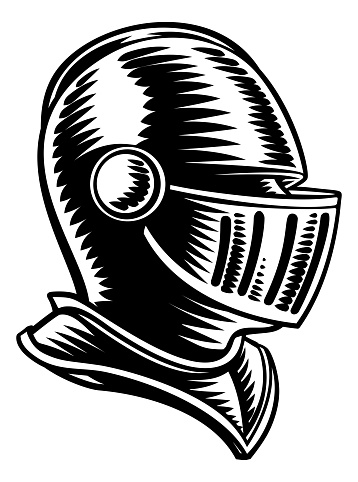 An original illustration of a medieval knight head in armour helmet. In an engraved etching vintage woodcut style.