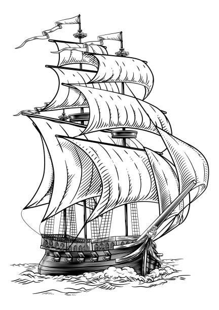 ilustrações, clipart, desenhos animados e ícones de old fashioned ship vintage etching woodcut style - peregrino