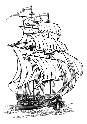 An original illustration of an old fashioned sailing ship or boat in a vintage etching woodcut style.