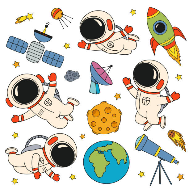set of isolated cute astronaut, rocket, Earth,Moon vector art illustration