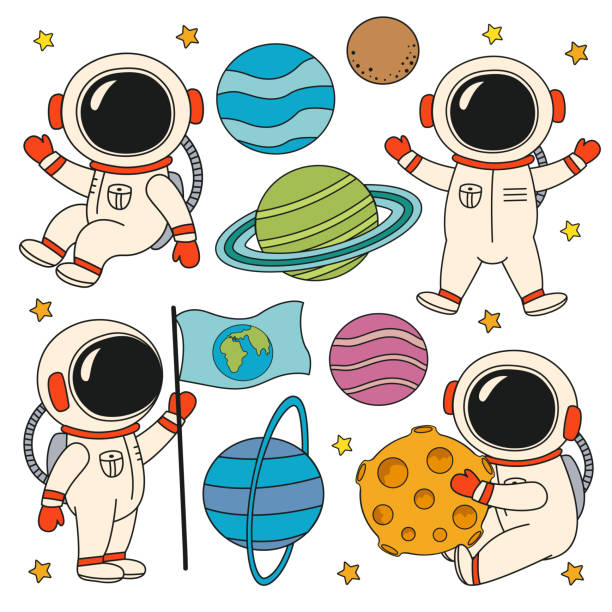 set of isolated cute astronauts and planets vector art illustration