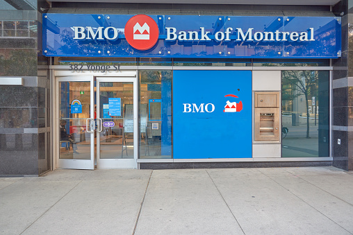 Toronto Ontario, Canada- September 21st, 2022; The exterior of a Bank of Montreal branch.