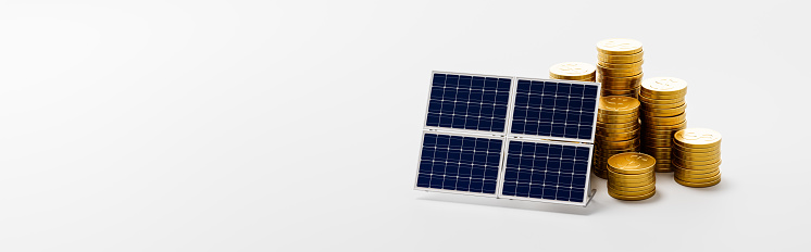 Solar Panel ahead of Stacks of Golden Coins on Light Gray Background with Copy Space 3D Render Illustration