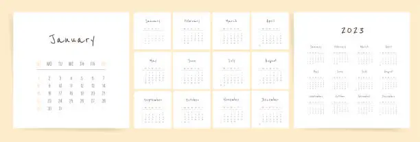 Vector illustration of 2023 minimal calendar template. Week starts on Sunday. Plain and clean design, ready to print 2023 calendar in minimal square format. Vector annual template.