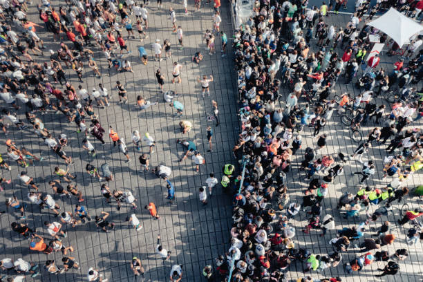 Aerial view of crowd stock photo
