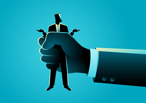 Giant hand squeezes a businessman, competitor, threat, vector illustration