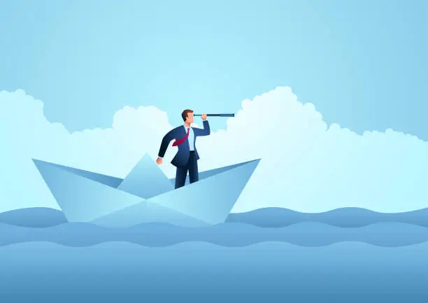 Vector illustration of Businessman using telescope on paper boat