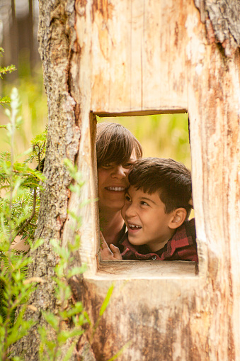 Cute portrait of a mother and child in frame of a tree's hole.