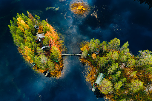Aerial view of autumn colors forest and blue lake with island in rural Finland