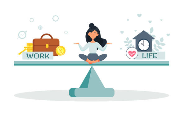 The girl is balancing between work and life. Career or family relationships. Choice. Vector illustration in cartoon style The girl is balancing between work and life. Career or family relationships. Choice. Vector illustration in cartoon style life balance stock illustrations