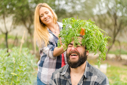 A man and a woman in a home garden growing vegetable plants. Fun in home garden