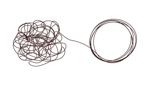 istock Tangle chaos, psychoterapy concept. Business design in one line, order theory. Doodle graphic spiral solution. Vector object isolated on white background 1427923152