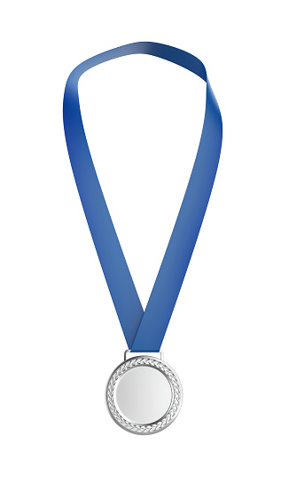 Silver medal with blue ribbon isolated on white background