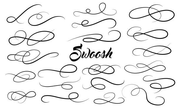 illustrazioni stock, clip art, cartoni animati e icone di tendenza di set di coda swoosh calligrafico, sottolineatura marker strockes. elementi tipografici del logo sportivo. coda di lettere di testo per il lettering. illustrazione vettoriale - swish