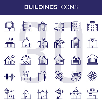 Vector Style Buildings Editable Stroke Line Icon Set