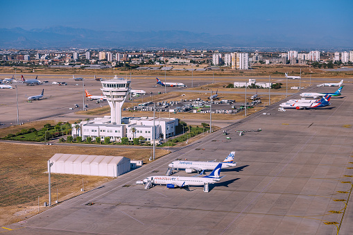 20 July 2022, Antalya, Turkey: the control tower at the airport serving safe takeoffs and landings of aircraft. Runway infrastructure and dispatch work