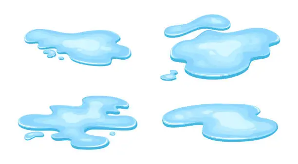 Vector illustration of Set of water puddle, liquid cartoon style. Drop isolated on white background. Blue split, splash on floor. Vector illustration