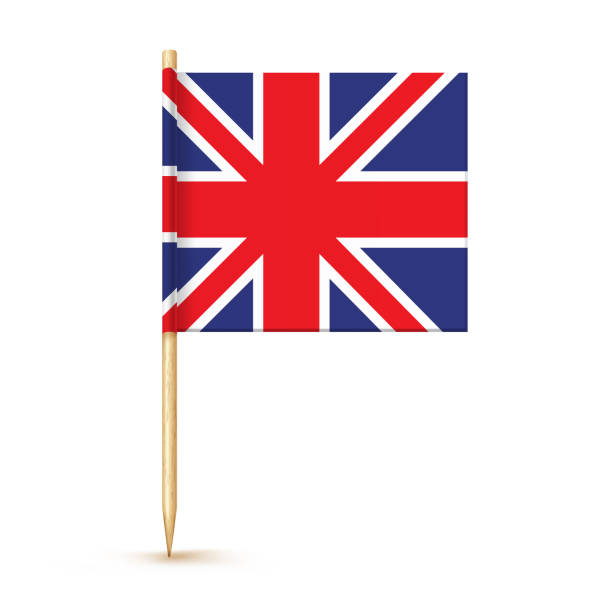 istock United kindom toothpick flag isolated on wood stick with white paper. Great Britain Realistic little tooth pick for lunch. Vector cocktail decoration 1427925185