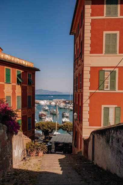 Coast of Ligurian Sea in Santa Margherita Ligure, which is popular touristic destination in summer SANTA MARGHERITA LIGURE, ITALY -  Coast of Ligurian Sea in Santa Margherita Ligure, which is popular touristic destination in summer santa margherita ligure italy stock pictures, royalty-free photos & images