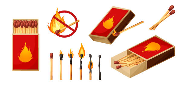 istock Burnt match stick with fire and matchbox. Set of boxes, opened and close isplated on white background. Vector illustration 1427925539