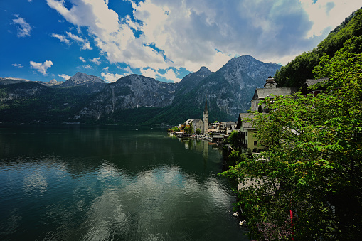 Beautiful scenic landscape over Austrian alps lake in Hallstatt, Salzkammergut, Austria.