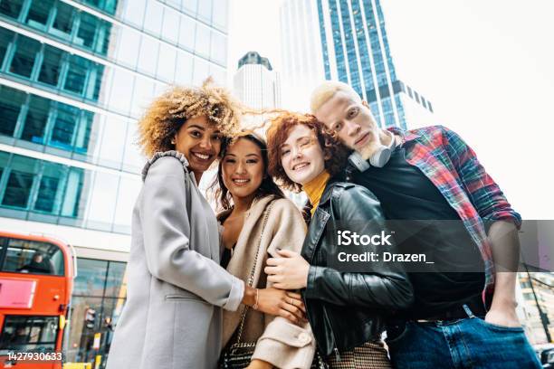 Group Of Diverse Multi Ethnic Friends In The City Taking Selfie Stock Photo - Download Image Now