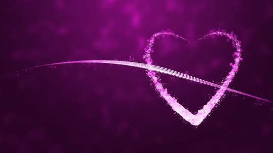 Horizontal illustration of a bright purple coloured textured backgrounds with a blank curved swoosh and one big heart. The backdrop is glittering empty and blank with no text and no people and copy space. Can be used as Valentine Day, Xmas backgrounds, wallpaper, greeting card, gift wrapping paper sheet templates and backdrops.