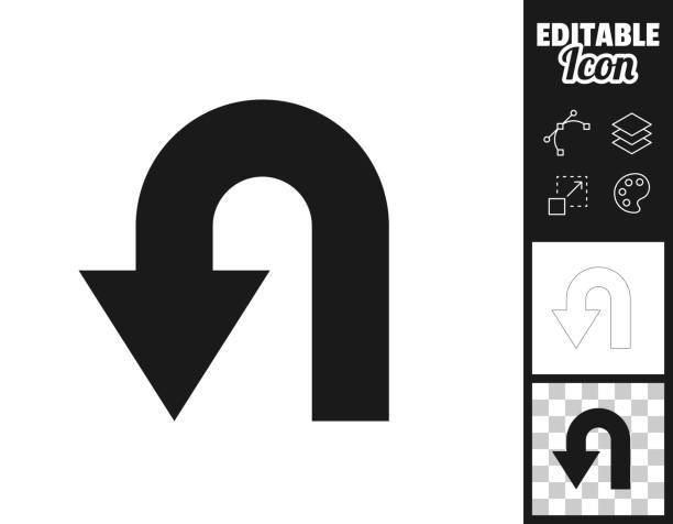 Icon of "U-turn direction arrow" for your own design. Three icons with editable stroke included in the bundle: - One black icon on a white background. - One line icon with only a thin black outline in a line art style (you can adjust the stroke weight as you want). - One icon on a blank transparent background (for change background or texture). The layers are named to facilitate your customization. Vector Illustration (EPS file, well layered and grouped). Easy to edit, manipulate, resize or colorize. Vector and Jpeg file of different sizes.